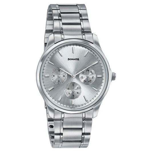 Sonata 77163SM03 Axis Quartz Analog Multifunction Silver Dial Silver Stainless Steel Men's Watch