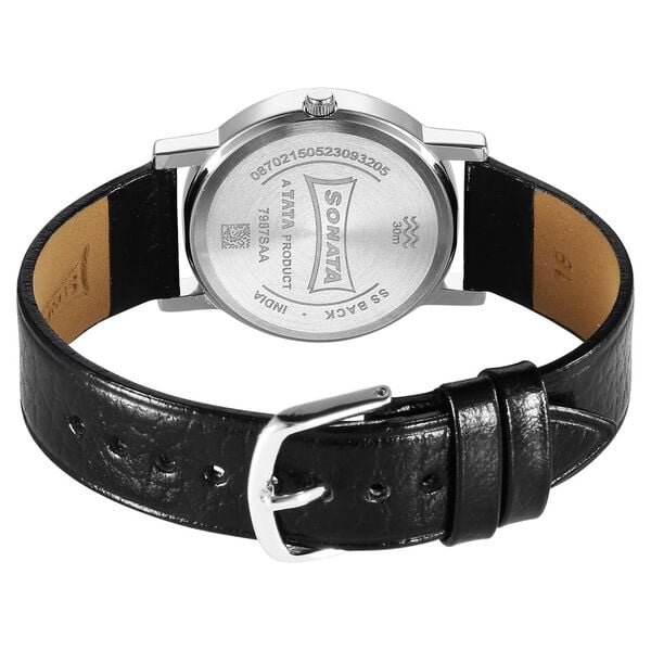 Sonata 7987SL05W Classic Quartz Analog Black Dial Black Leather Strap Watch for Men
