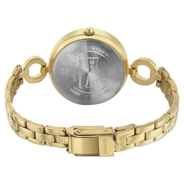 Sonata 8147YM01 Analog Quartz Women Watch with Silver Dial and Yellow Stainless Steel Strap