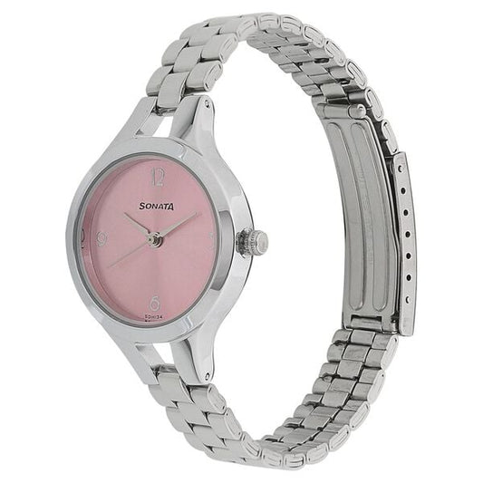 Sonata 8151SM03 Steel Daisies Quartz Analog Pink Dial Stainless Steel Strap Watch for Women