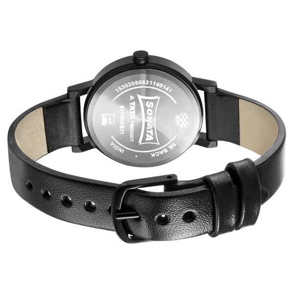 Sonata 8174NL01 Analog Quartz Women Watch with Black Dial & Black Leather Strap
