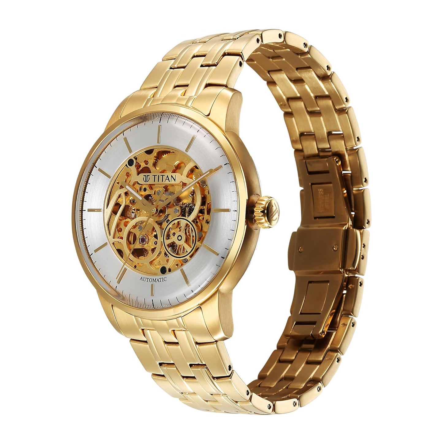 Titan 90110YM01 Golden Heart Automatic Skeleton Silver & Gold Dial Men's Stainless Steel Watch
