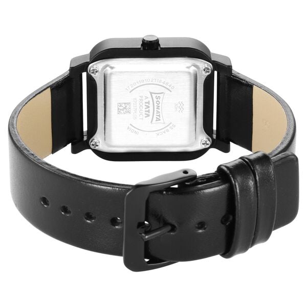 Sonata 87037PL05W Women Quartz Black Dial Black Leather Strap Analog Watch