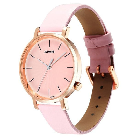 Sonata 87045WL01 Quartz Analog Pink Dial Women’s Watch with Pink Leather Strap