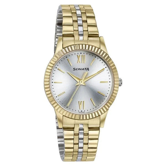 Sonata 87062BM01W Glam Gold Quartz Analog Silver Dial Two-Tone Stainless Steel Women's Watch