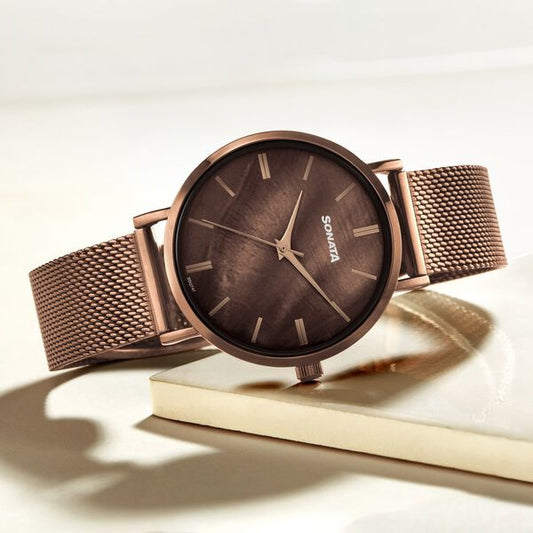 Sonata 87067QM01 brown stainless steel bracelet close-up