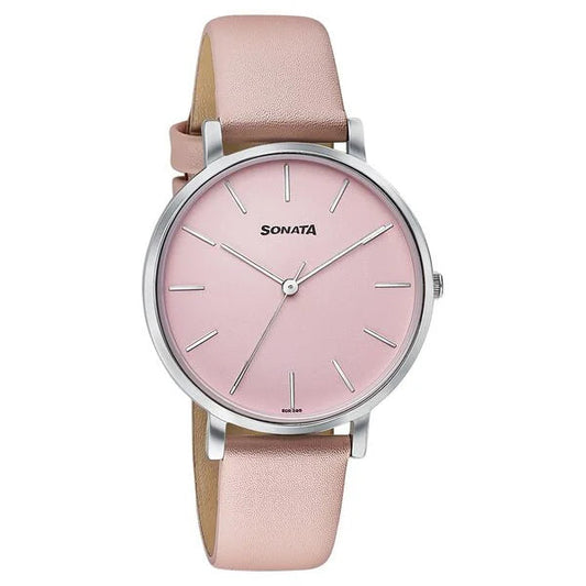 Sonata 87073SL02 Pastel Play Quartz Analog Pink Dial Pink Leather Strap Women's Watch