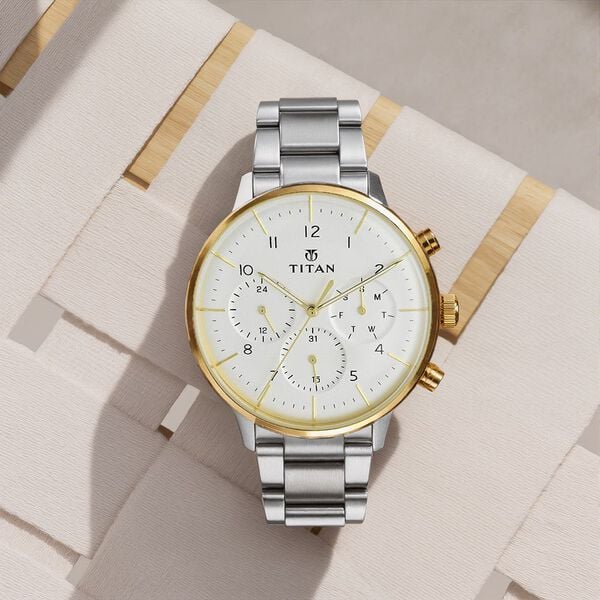 Titan 90102BM01 Men’s White-Dial Multifunction Stainless-Steel Watch
