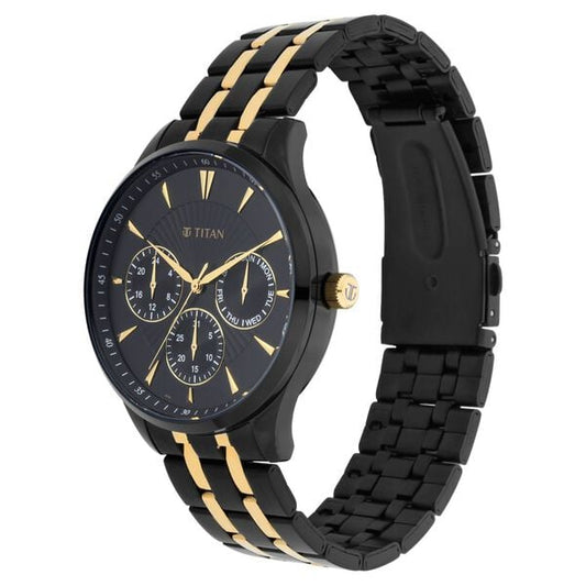 TITAN Men Water‑Resistant Analogue Watch‑90127KM01 Men’s Black Dial Two‑Tone Stainless Steel Strap Quartz Multifunction Analog Watch – Round Metal Case, Mineral Glass, Push‑Button Clasp