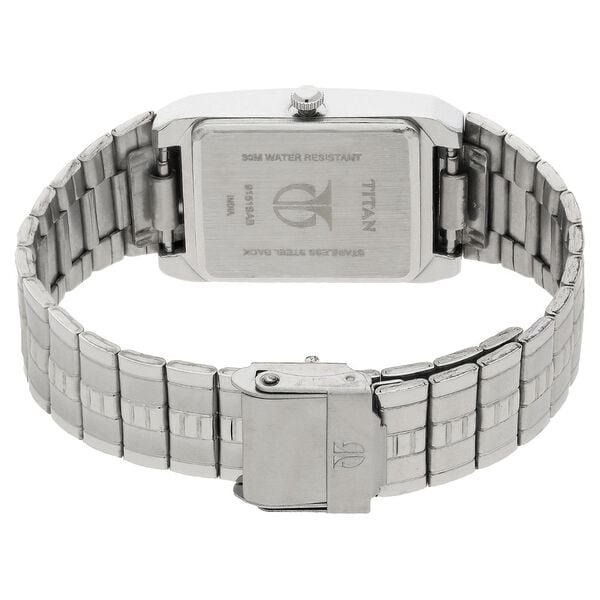 Titan 9151SM01 Men’s Quartz Analog White Dial Stainless Steel Strap Rectangular Watch