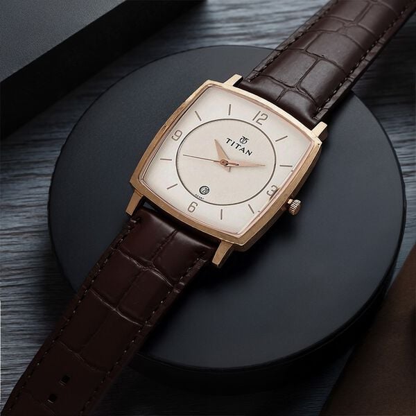 Titan 9159SL01 Silver Dial Analog Watch for Men – Brown Leather Strap, Quartz Movement, Date Function, Mineral Glass, Metal Case