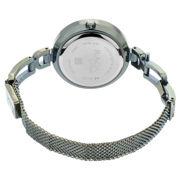 Titan 95122QM01 Gunmetal Dial Analog Quartz Stainless Steel Women’s Watch – Green Band, Round Case, Raga Facets Collection