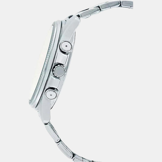 Casio A1078 Men’s Quartz Chronograph Watch with White Dial, Silver Stainless Steel Strap