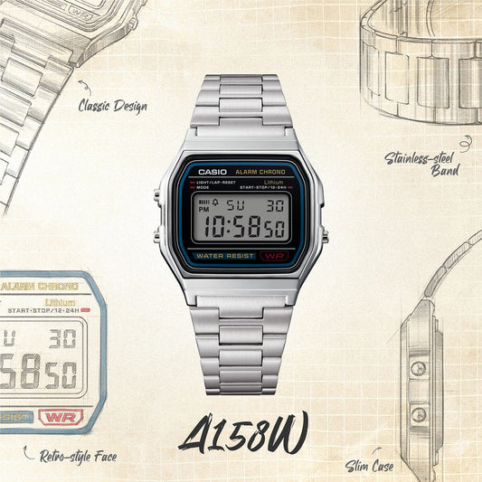 Casio D011 Vintage Unisex Quartz Digital Watch with Black LCD & Silver Stainless Steel Strap