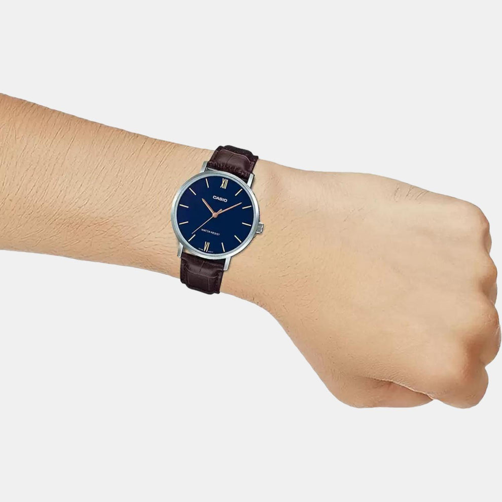 Casio A1616 Enticer Men’s Quartz Analog Watch with Blue Dial, Brown Leather Strap