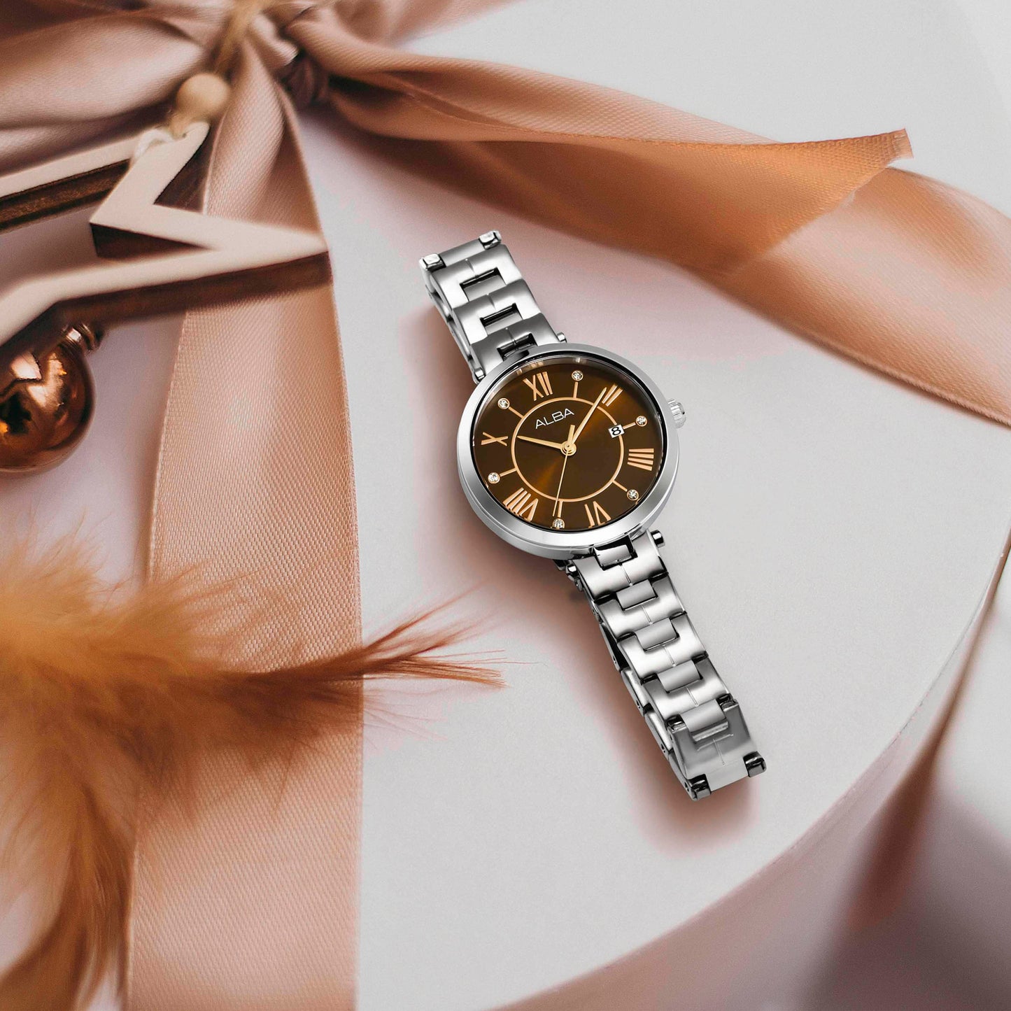 Alba AH7AN7X1 Analog Quartz Ladies’ Watch with Brown Dial & Silver Stainless Steel Strap