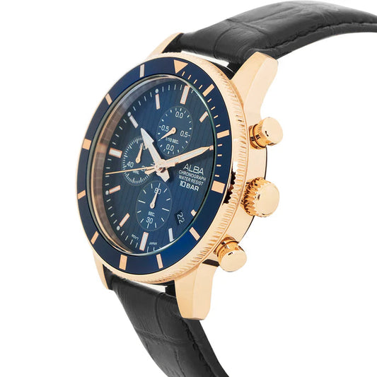 Alba AM3960X1 Men’s Chronograph Watch with Blue Patterned Dial & Genuine Leather Strap