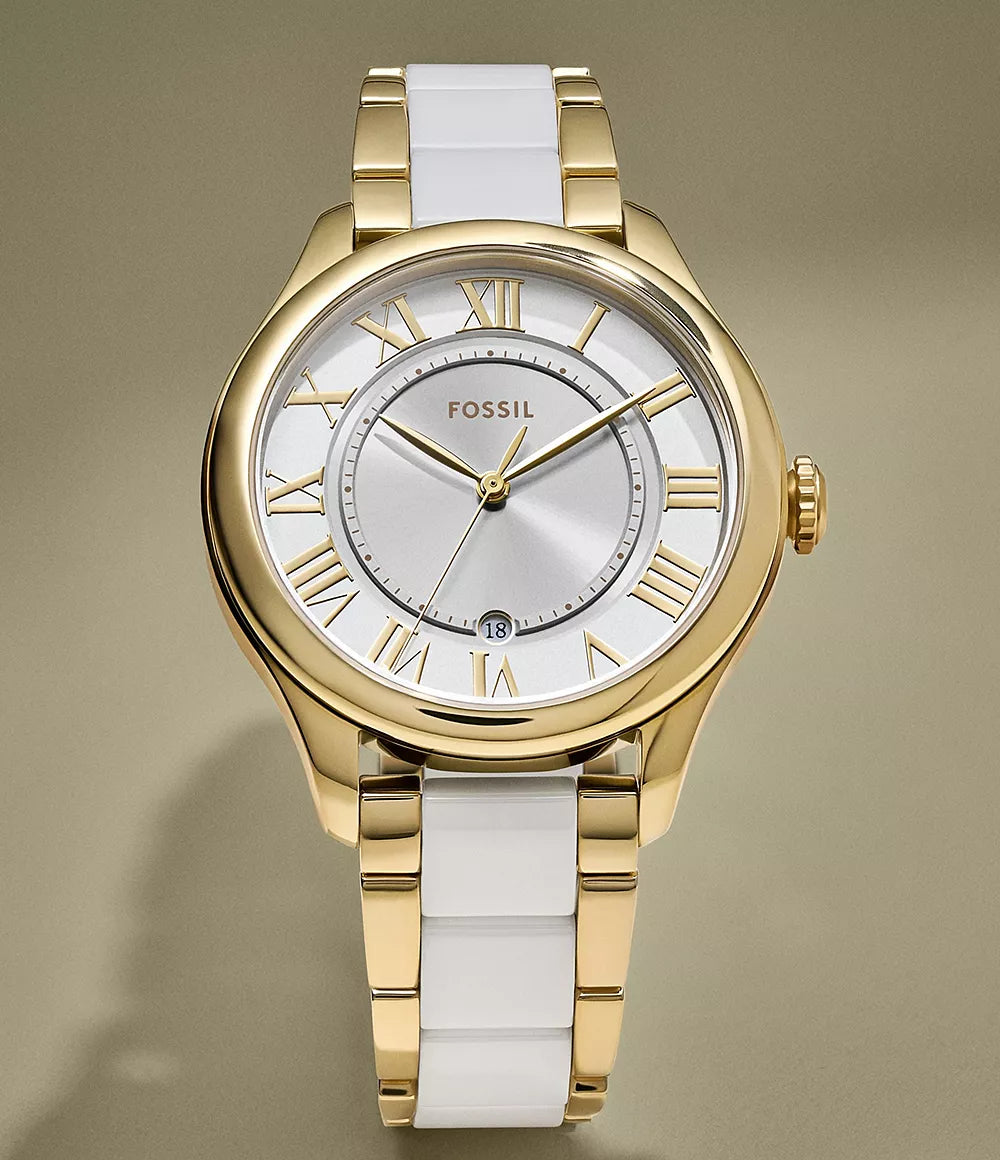 Fossil CE1131 Women Quartz White Dial Two-Tone Ceramic & Gold-Tone Stainless Steel Gilmore Watch