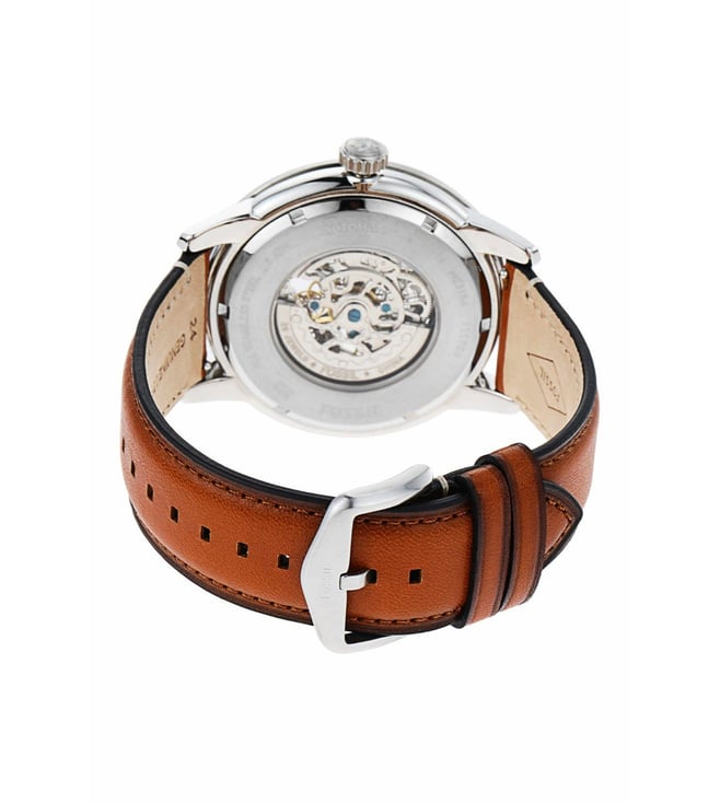 Fossil ME3154 Men's Automatic Skeleton Watch Blue Dial Brown Leather Strap