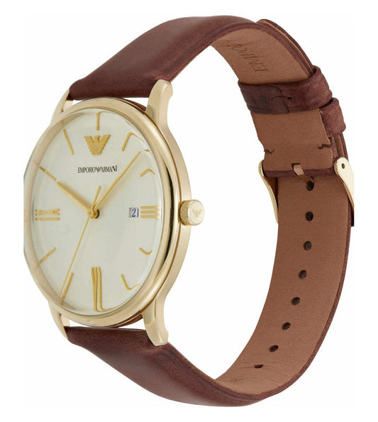 Emporio Armani AR11610I Minimalist Men's Cream Dial Brown Leather Analog Watch