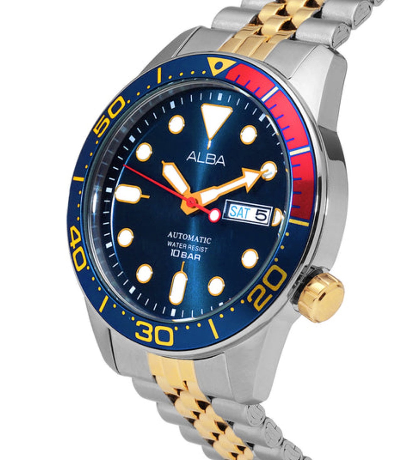 Close-up of Alba AL4185X1 stainless steel case with blue mechanical dial