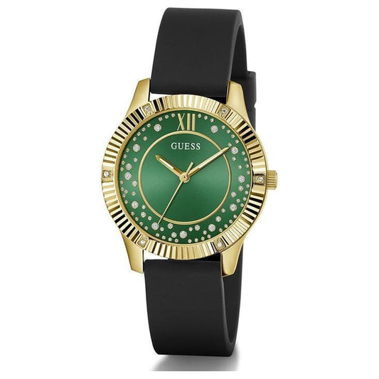 GUESS GW0766L3 Quartz Women’s Starstruck Gold-Tone Analog Watch with Green Dial & Black Silicone Strap