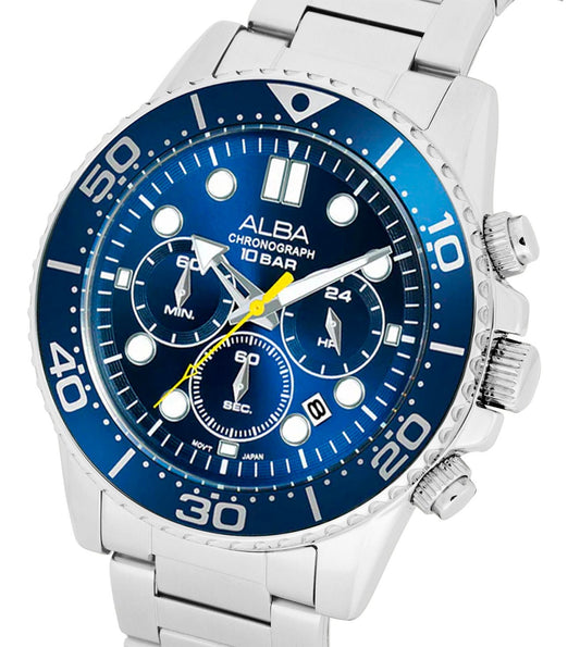Alba AT3J43X1 Men’s Chronograph Watch with Cobalt Blue Dial & Silver Stainless-Steel Strap