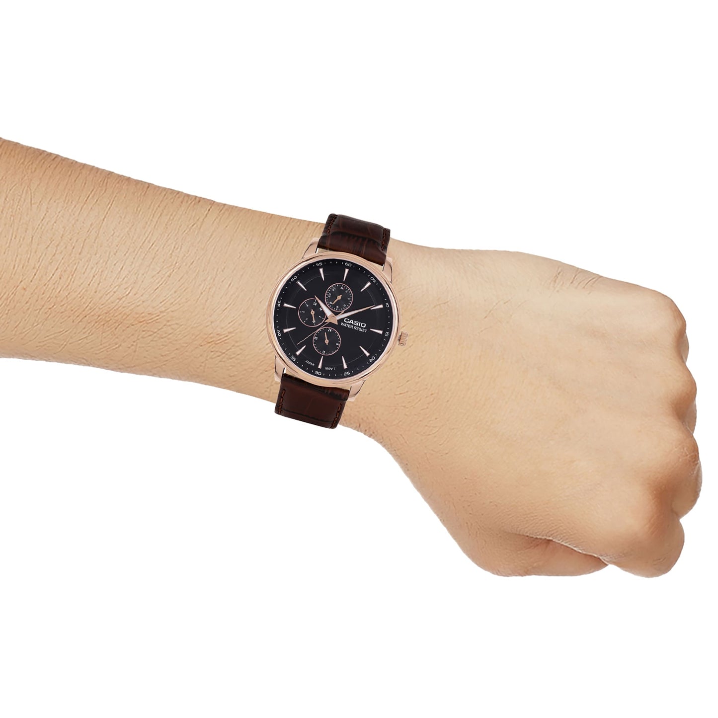 Casio A2460 Enticer Men’s Quartz Analog Watch with Black Dial, Brown Leather Strap