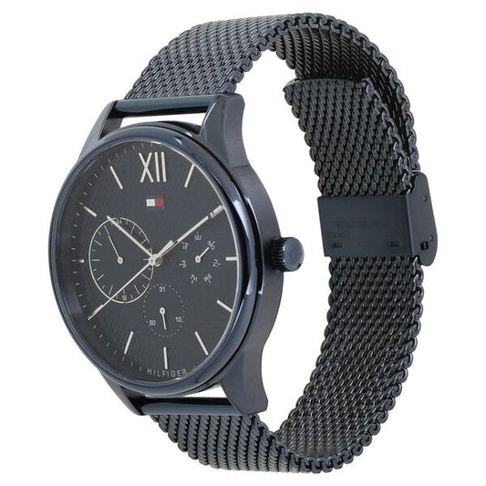 Tommy Hilfiger NDTH1791421W Men’s Blue Dial Blue Mesh Stainless Steel Strap Quartz Multifunction Analog Watch – Round Metal Case, Mineral Glass, 50 m Water‑Resistant