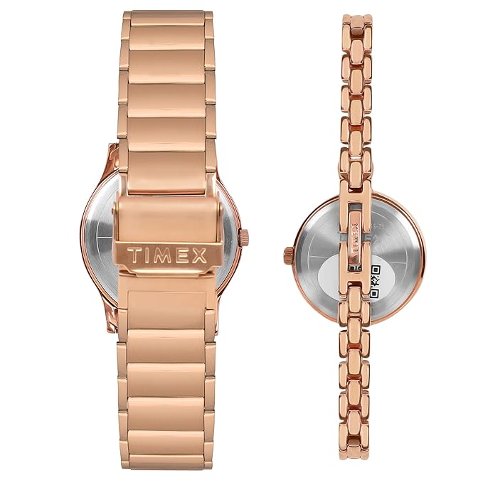 Timex TW00PR263 Classic Pair White‑Dial Rose‑Gold Analog Watches