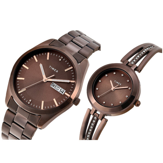 Timex TW00PR311 Unisex Brown Dial Quartz Analog Pair Watch Set