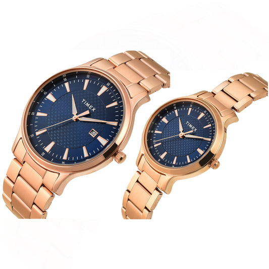 Timex TW00PR322 Quartz Analog Blue Round Dial Rose-Gold Stainless Steel Strap Couples Watch Set