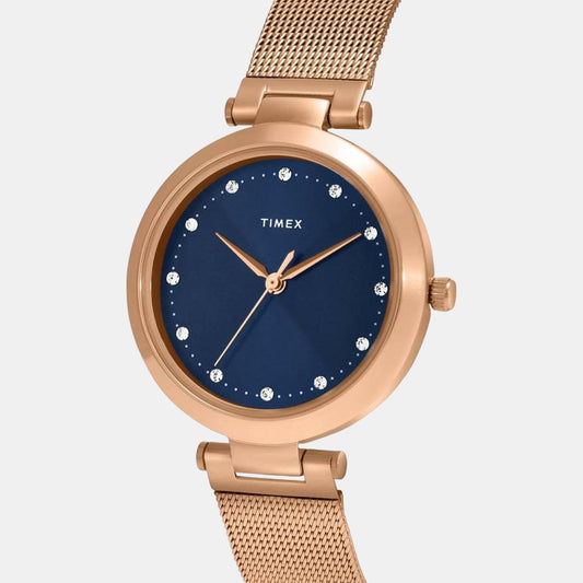 Timex TWEL11824 Rose Gold Mesh Strap Analog Women Watch – Blue Dial, Round Case, Quartz Movement