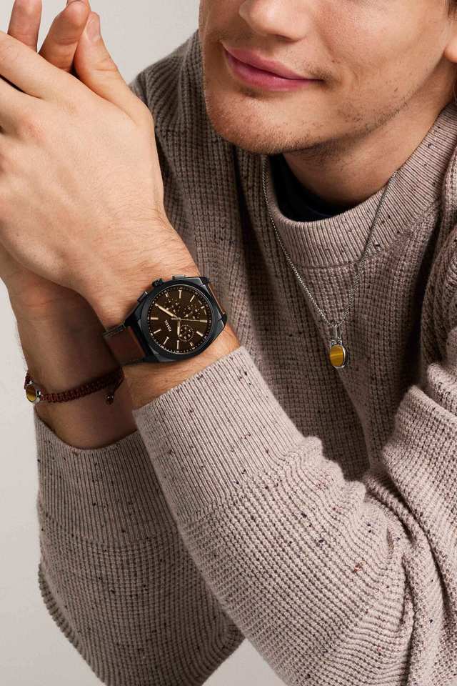 Fossil FS6108I Men's Quartz Chronograph Watch Black Dial Brown Leather Strap