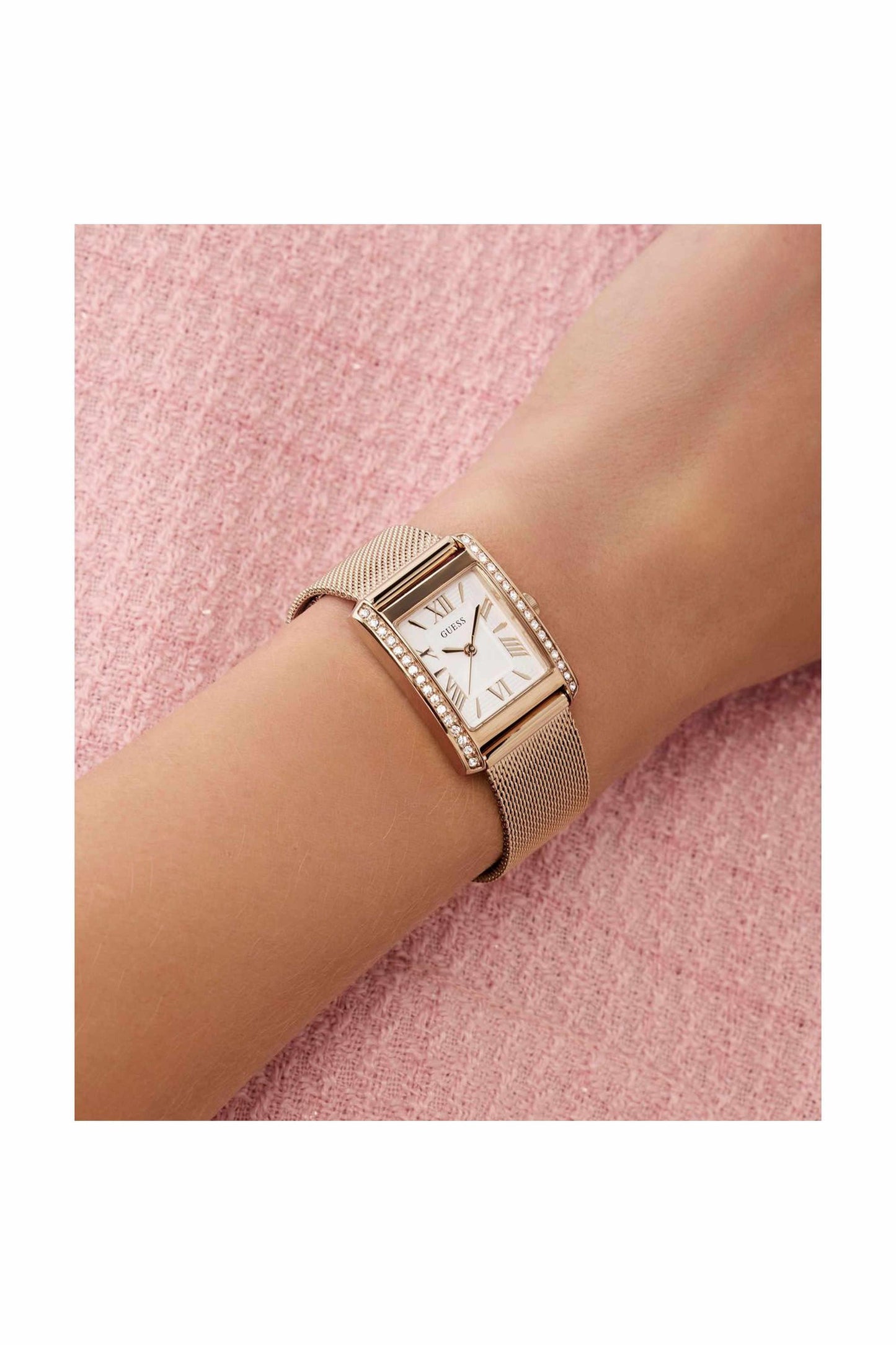 GUESS GW0997L3 Bonnet Women's Quartz Analog Watch White Dial Rose Gold-Tone Mesh Stainless Steel Bracelet