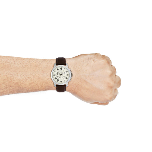 Fossil FS4735I Men's Quartz Chronograph Watch Cream Dial Brown Leather Strap