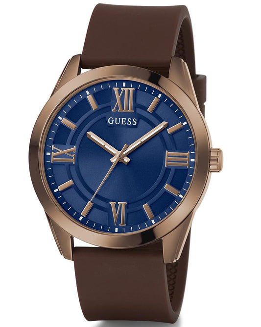 GUESS GW0894G3 Quartz Men’s Elliot Blue Dial Analog Watch with Brown Silicone Strap
