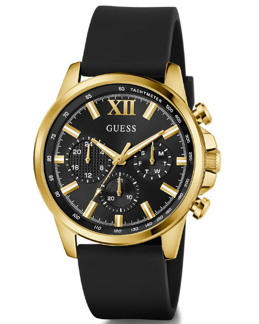 GUESS GW0913G2 Quartz Men’s Walker Black & Gold-Tone Multi-Function Analog Watch with Black Silicone Strap