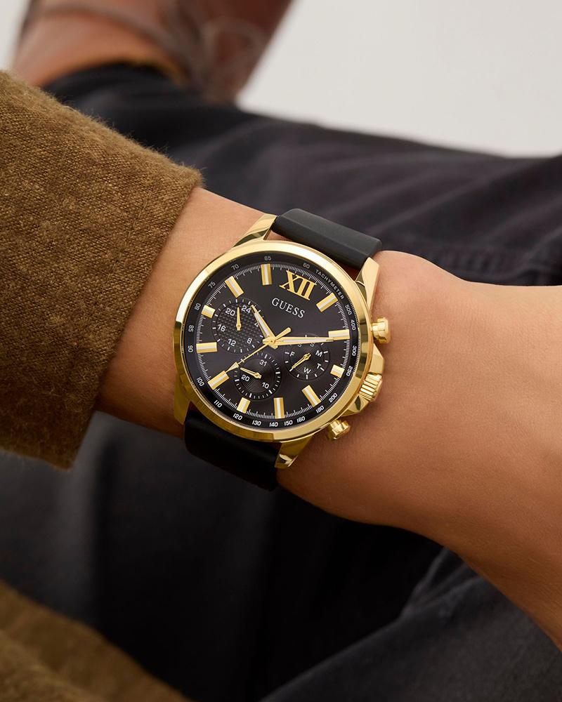 GUESS GW0913G2 Quartz Men’s Walker Black & Gold-Tone Multi-Function Analog Watch with Black Silicone Strap