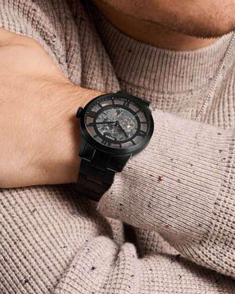 Fossil ME3269 Men's Automatic Skeleton Watch Transparent Dial Black Stainless Steel Strap
