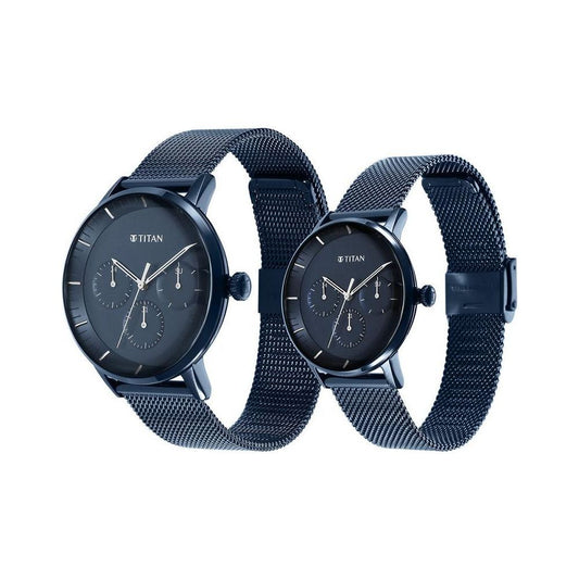 Titan NS9400694206QM01P Bandhan Blue Dial Stainless Steel Multifunction Couple Watch Set