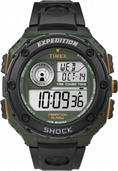 Timex T49982 Expedition Vibe Shock Digital Quartz Watch for Men – Green/Black Dial, Black Resin Strap