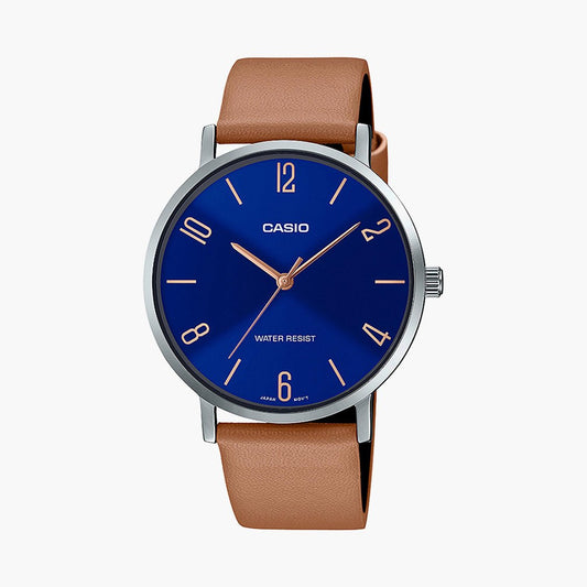 Casio A1822 Enticer Men’s Analog Quartz Watch with Blue Dial & Brown Leather Strap