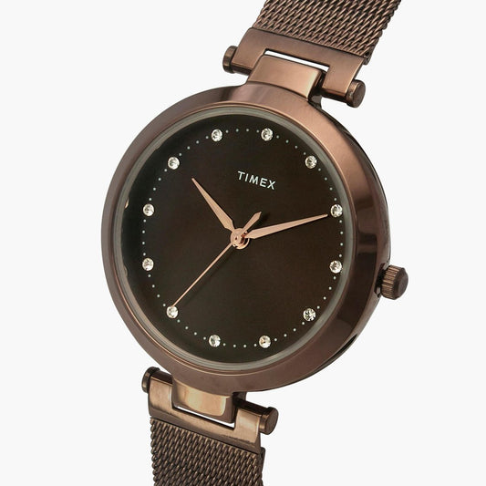Timex TWEL11825 Brown Stainless Steel Mesh Bracelet Analog Women Watch – Brown Dial, Round Case, Quartz Movement