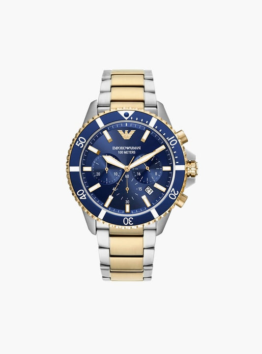 Emporio Armani AR11362I Men's Blue Dial Two-Tone Stainless Steel Chronograph Quartz Watch 43mm | Luxury Designer Watch