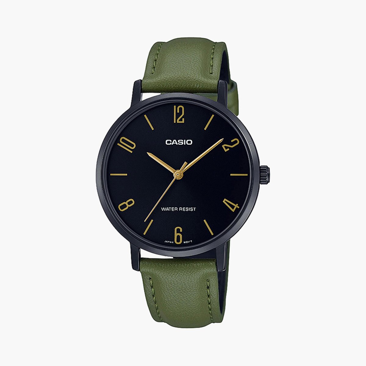 Casio A1957 Enticer Women’s Quartz Analog Watch with Black Dial, Green Leather Strap