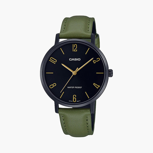Casio A1957 Enticer Women’s Quartz Analog Watch with Black Dial, Green Leather Strap