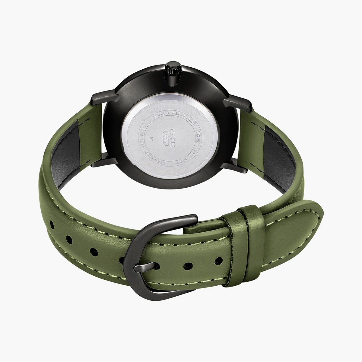 Casio A1957 Enticer Women’s Quartz Analog Watch with Black Dial, Green Leather Strap