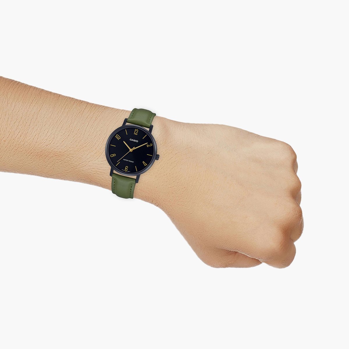 Casio A1957 Enticer Women’s Quartz Analog Watch with Black Dial, Green Leather Strap