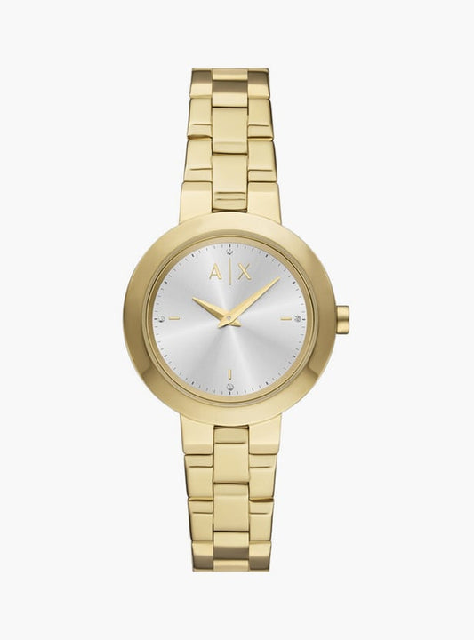 Armani Exchange AX5180I Quartz Analog Women’s Watch with Silver Sunray Dial, Gold-Tone Stainless Steel Bracelet